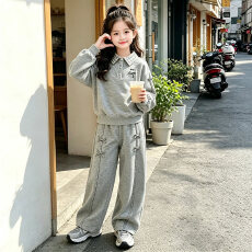 批发曼巴棉 女童套装26新款洋气<b class='q'>儿童</b>春秋装女休闲卫衣阔腿卫<b class='q'>裤</b>两件套