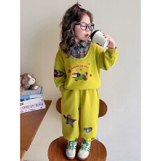 批发曼巴棉 <b class='q'>女</b><b class='q'>童</b>假两件卡通<b class='q'>套装</b>秋季2026新款洋气时髦儿童秋装两件套