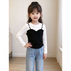 批发德绒螺纹 中大童女童26秋新款设计感假两件撞色拼接长袖T恤上衣