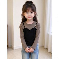 批发德绒螺纹 中大童女童26秋新款设计感假两件撞色拼接长袖T恤上衣