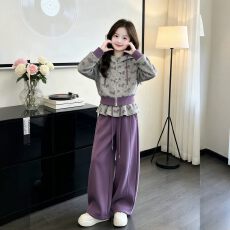 曼巴棉260g 26秋冬季女童新款小马满印花外套裤子套装潮款两件套