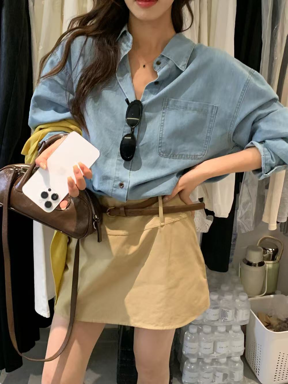 ins 보 주님 같은 단락 클래식 다용도 루즈핏 데님 패션 셔츠