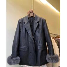 批发实拍！黑色皮衣白鸭绒内胆西装时尚真狐狸毛羽绒服外套