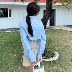 批发26春 韩系气质短款后背系带宽松衬衫