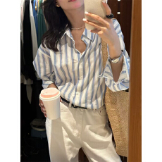 批发卖爆了 韩系清新气质竖<b class='q'>条纹</b>简约质感肌理感面料<b class='q'>衬衫</b>