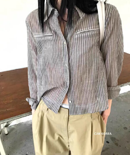 한국 동대문 트렌드 세로 줄무늬 얇은 면 자외선 차단 쇼트 스타일 패션 셔츠