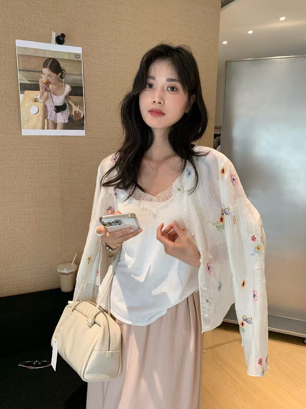 한 부서 부드러운 산소 센스 자수 질감 센스 주간 실크 자외선 차단 작은 셔츠