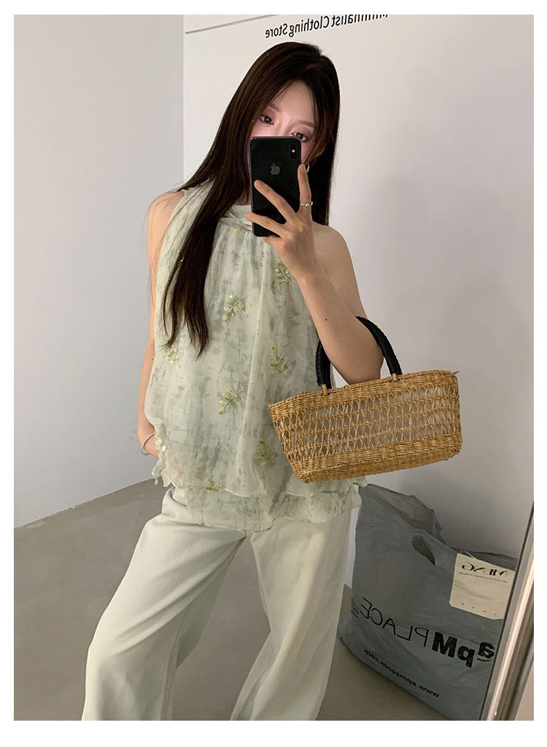 여름 켜기 새로운 한 부서 절묘한 자수 행침 목 민소매 작은 셔츠 조끼 리본 아니요 해체