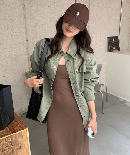 가을 켜기 새로운 파리 주말 레트로 루즈핏 폴로 칼라 워크웨어 셔츠 데님 재킷