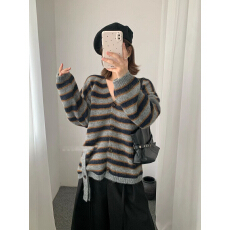 批发秋上新！韩系小设计羊毛加厚保暖条纹宽松大毛衣