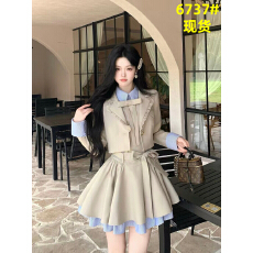 批发首尔千金 秋季复古撞色西装外套<b class='q'>翻领</b>气质公主<b class='q'>连衣裙</b>卡其套装女