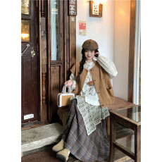 批发实拍~大码<b class='q'>胖</b><b class='q'>mm</b><b class='q'>日系</b>复古感灯芯绒马甲提花蕾丝衬衫格子拼接半身裙
