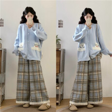 批发<b class='q'>实拍</b>微胖mm毛绒动物卡通毛衣外套<b class='q'>大码</b>宽松针织开衫加厚格子直筒裤