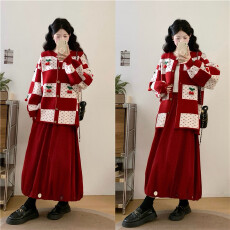 批发实拍~立体樱桃钩花格纹撞色针织开衫毛衣彩色扣子半身裙