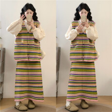 批发实拍日系复古彩虹条纹马甲半身裙森系文艺宽松显瘦女针织背心半裙