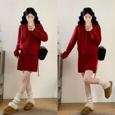 批发实拍~洋气减龄百搭红色立领长袖针织毛衣冬季高腰显瘦短裙两件套