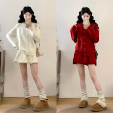 批发实拍~一整套韩系穿搭气质温柔风花朵针织毛衣短裙<b class='q'>甜美</b>套装