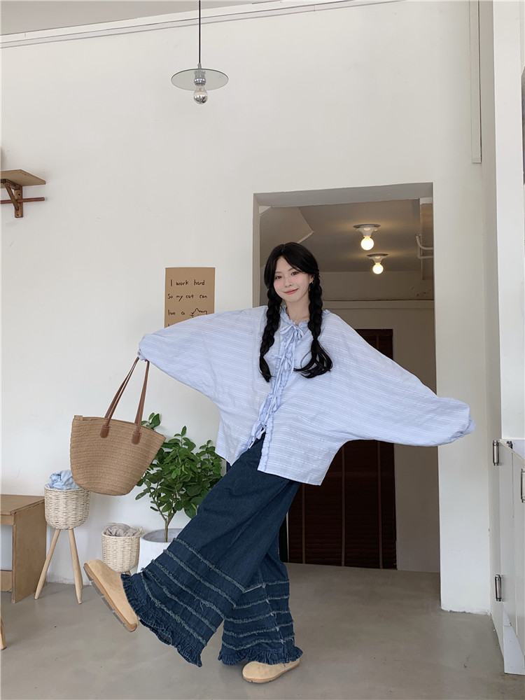 실사 봄 드레스 V넥 펌프 Pleat 긴팔 셔츠 지방 mm 프릴 외국 가스 레이스업 맨위 오픈 가디건