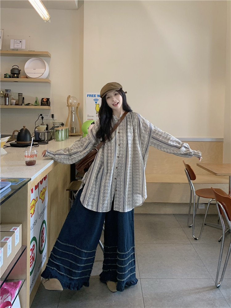실사 이름 가족 바람 꽃무늬 루즈핏 대 에디션 긴팔 셔츠 넓은 다리 스트레이트 청바지 투피스 세트