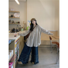 批发实拍~名族风碎花宽松大版长袖<b class='q'>衬衫</b>阔腿直筒牛仔<b class='q'>裤</b>两件套