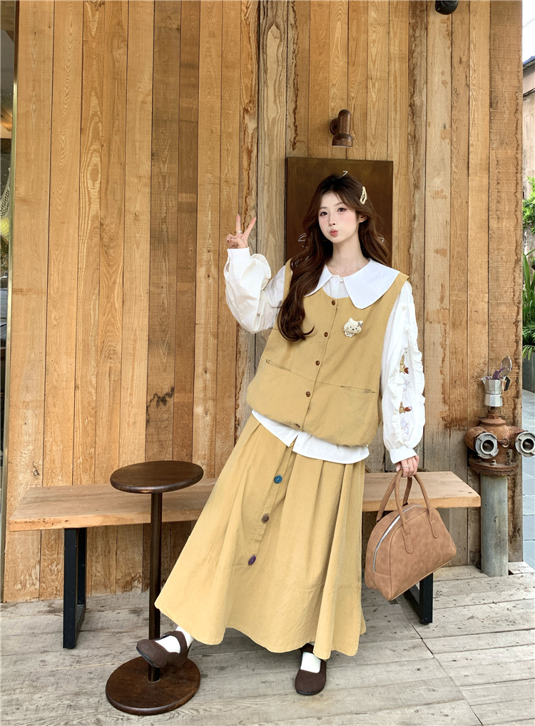 실사 일본식 황색 코듀로이 루즈핏 주머니 베스트 색상 단추 반신 스커트 투피스 세트