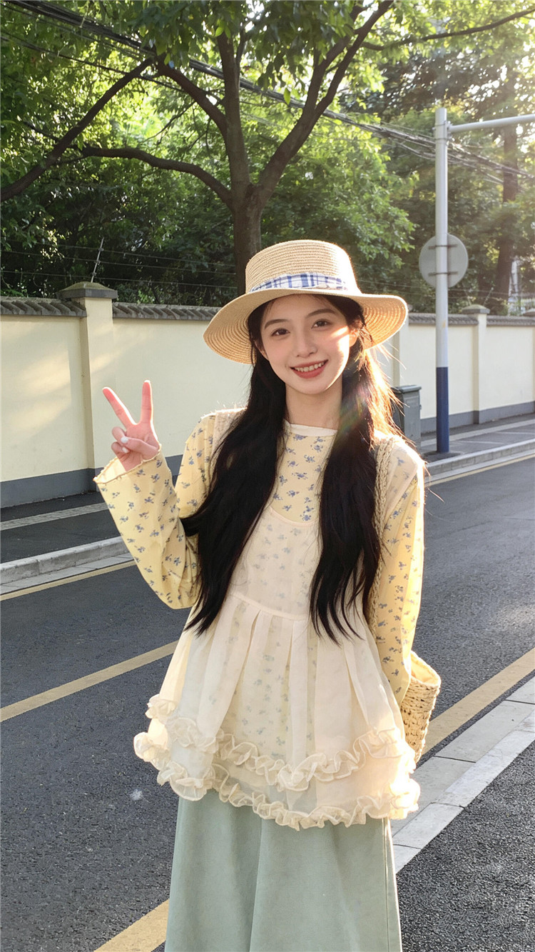 실사 꽃무늬 만나는 긴팔 티셔츠 일본식 문예 루즈핏 슬림해 보이는 스택 착용 이중층 레이스 레이스 조끼 베스트