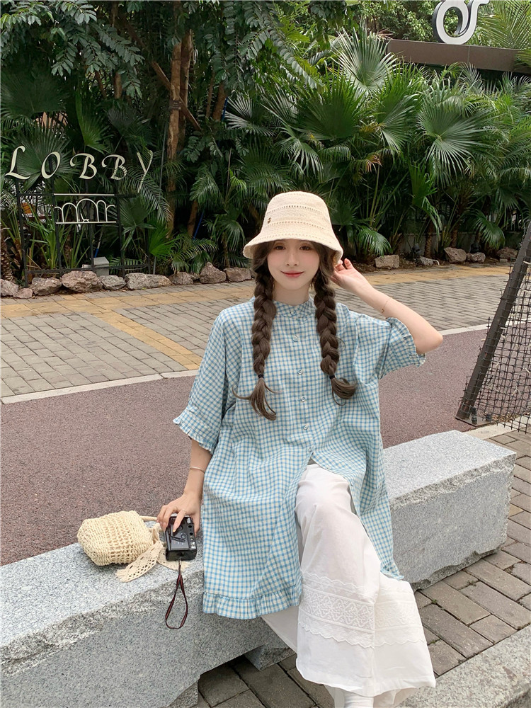 실사 일본식 루즈핏 문예 체크무늬 레트로 목이버섯 레이스 셔츠 화이트 스트레이트 팬츠