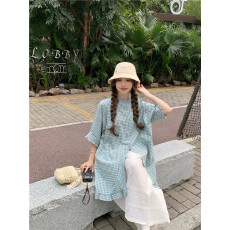 批发实拍~日系宽松文艺格子复古木耳花边<b class='q'>衬衫</b> 白色直筒裤