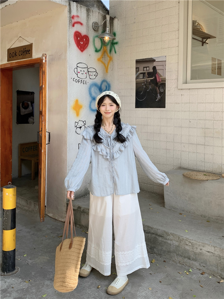 실사 파란색 V넥 레이스 셔츠 여성 셔츠 봄 루즈핏 긴팔 프랑스식 거품 소매 셔츠 화이트 바지