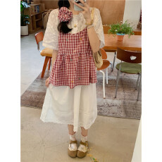 批发实拍~小个子甜美格子小马刺绣吊带<b class='q'>背心</b>叠<b class='q'>穿</b>蕾丝花边绣花衬衫