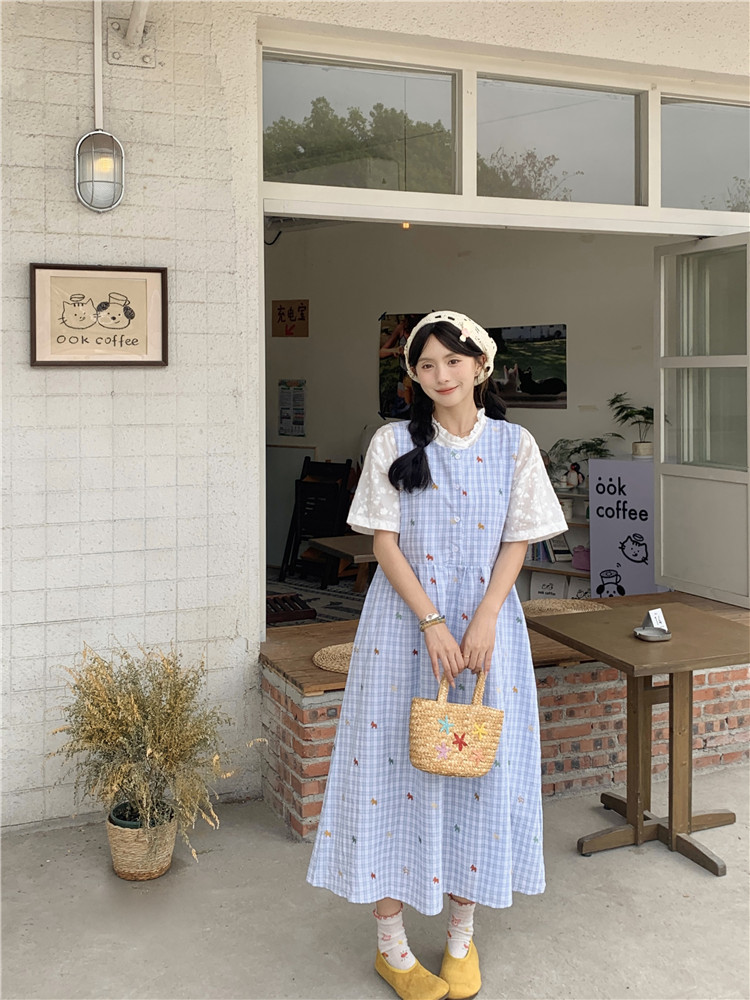 실사 민소매 체크무늬 드레스 봄 일본식 문예 루즈핏 다용도 작은 말 자수 자카드 조끼 스커트 셔츠
