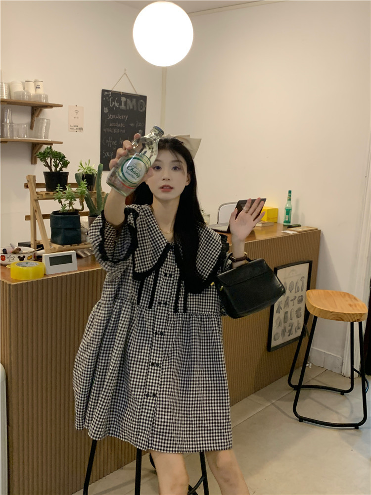 실사 한 부서 달콤함 연령 감소 베이비 칼라 레이스 레이스 격자 무늬 셔츠
