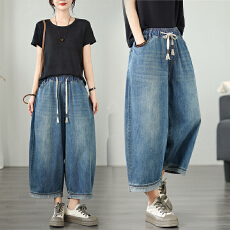 批发实拍 牛仔灯笼裤女<b class='q'>松紧</b>腰休闲百搭宽松显瘦夏季薄款阔腿九分裤女