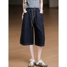 批发非实拍 夏季新款<b class='q'>松紧</b>腰花绳系带大码百搭<b class='q'>牛仔裤</b>女七分裤子显瘦