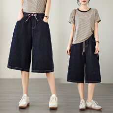 批发实拍 夏季新款<b class='q'>松紧</b>腰花绳系带大码百搭<b class='q'>牛仔裤</b>女七分裤子显瘦