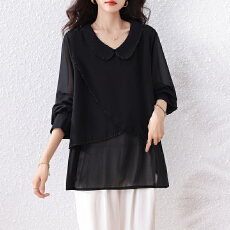 批发2025年秋季新款时尚大码长袖宽松烫钻钉珠黑色雪纺洋气打底衫上衣