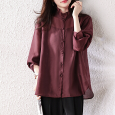 批发实拍酒红色木耳边长袖<b class='q'>衬衫</b>女春季2026新款气质独特高级感宽松上衣