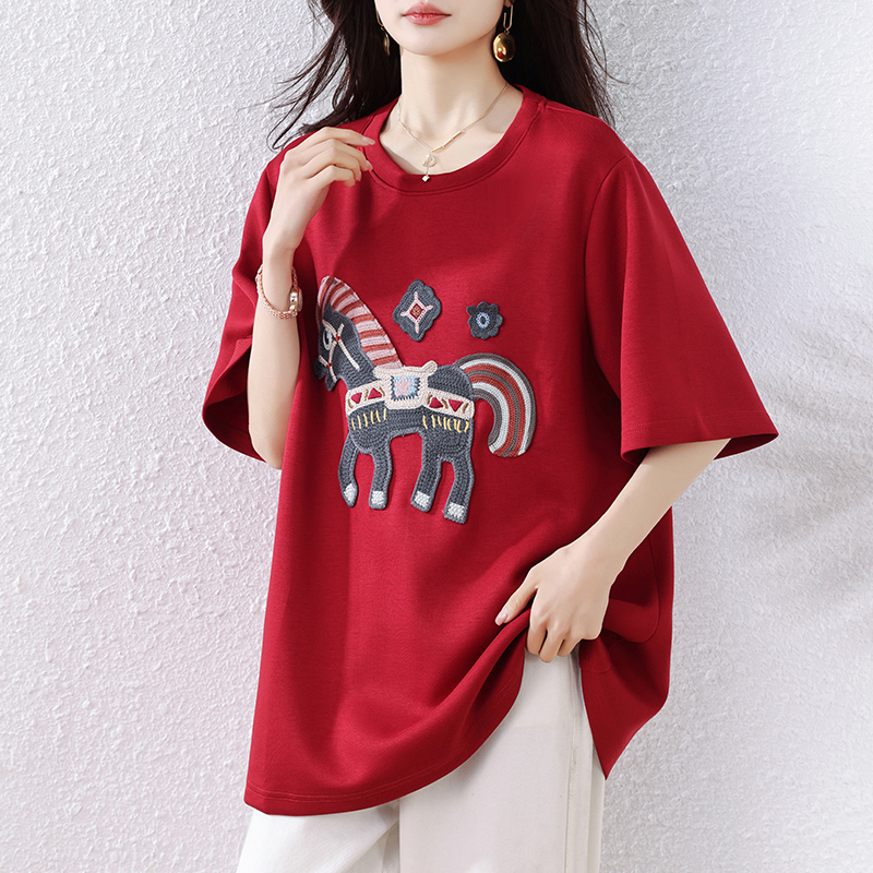 RY8102# 大码女装时尚休闲洋气马年小马红色短袖T恤2026早秋新款显瘦半袖