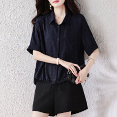 批发<b class='q'>实拍</b>2026夏季松弛随性文艺复古短袖衬衫女宽松提花衬衣简约<b class='q'>大码</b>夏