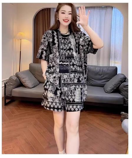 유럽 상품 고급 센스 루즈핏 프린트 반팔 티셔츠 새로운 여름 캐주얼 스트레이트 반바지 투피스 슈트 여성