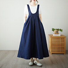 批发复古U领牛仔<b class='q'>背带</b>裙女  新款设计感休闲背心裙宽松显瘦无袖长裙