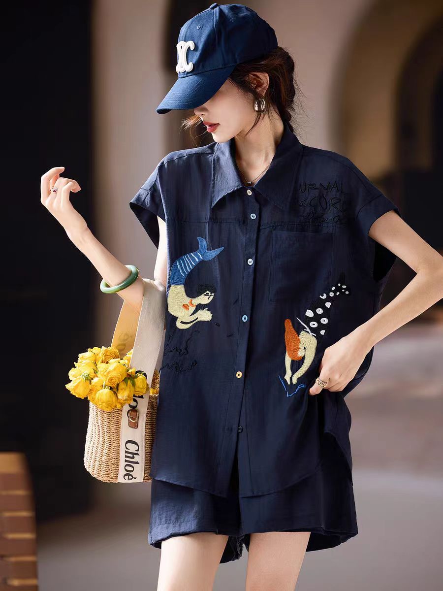 FA36951# 气质刺绣套装女夏季新款欧洲站大码女装上衣短裤两件套 服裝批發女裝批發服飾貨源
