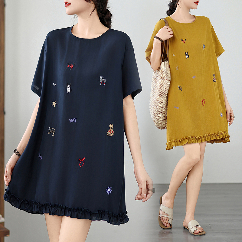 FA36953# 重工刺绣木耳边拼接短袖t恤女洋气减龄外穿体恤上衣 服裝批發女裝批發服飾貨源