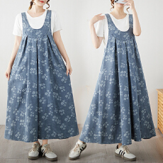 批发实拍复古U领牛仔<b class='q'>背带</b>裙女新款设计感休闲背心裙宽松显瘦提花长裙