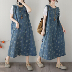 批发实拍新款提花<b class='q'>牛仔</b>大码长裙复古减龄宽松休闲<b class='q'>背心</b>长裙