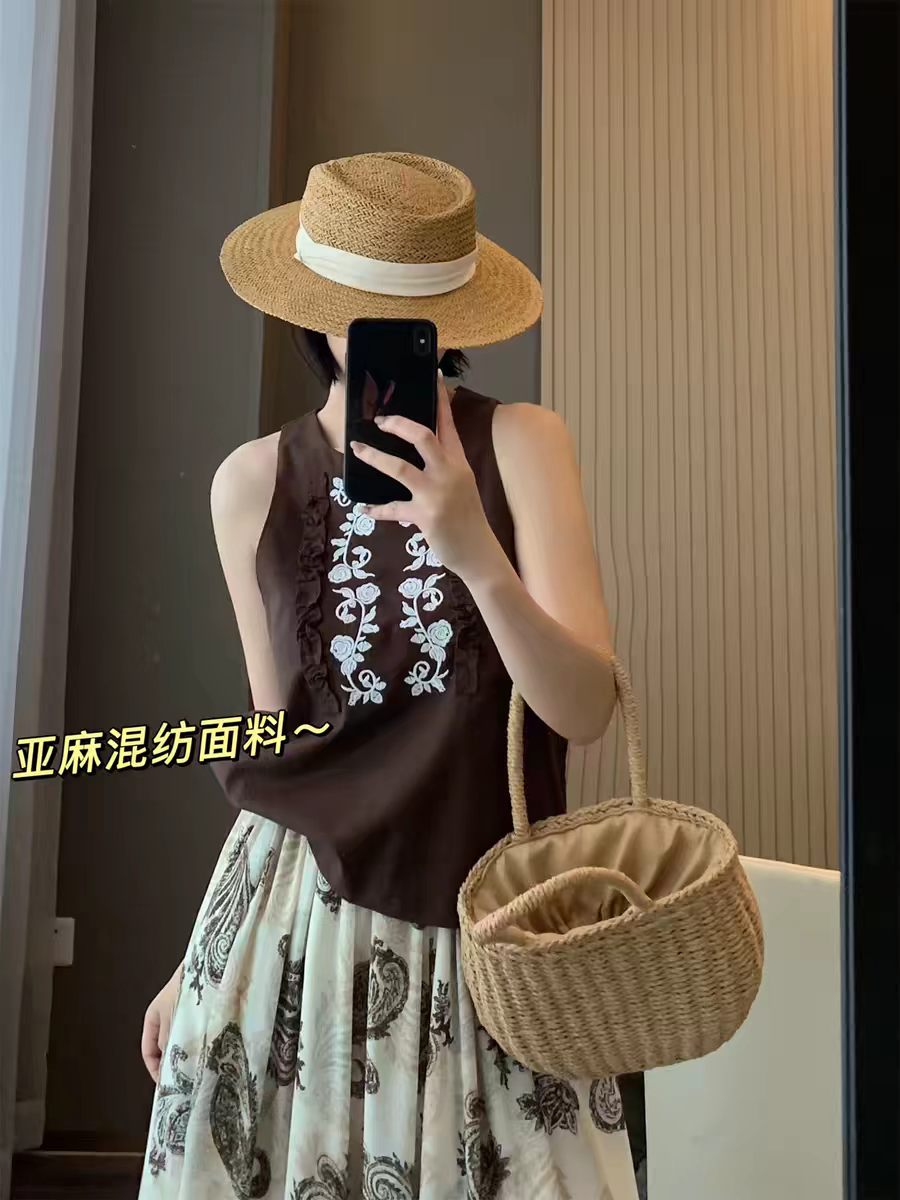 오래된 돈 바람 아마 무거운 작업 자수 여름 V넥 루즈핏 품격 다용도 민소매 조끼 맨위