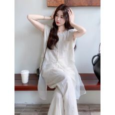 批发网纱拼接米白色无袖衬衫阔腿裤套装女夏季爆款又a又飒御姐两件套