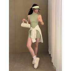 批发薄荷绿高领无袖针织背心裙女夏季修身掐腰打底裙性感辣妹包臀短裙