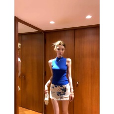 批发蓝色半高领紧身针织背心女夏季性感辣妹<b class='q'>修身</b>显瘦百搭短款无袖上衣