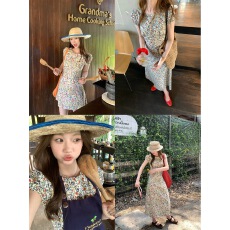 批发im向 尼斯花市’度假风复古碎花裙圆领泡泡袖收腰甜美a字<b class='q'>连衣裙</b>